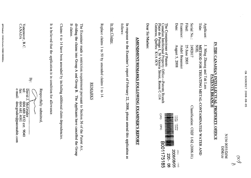 Document de brevet canadien 2492817. Poursuite-Amendment 20080805. Image 1 de 4