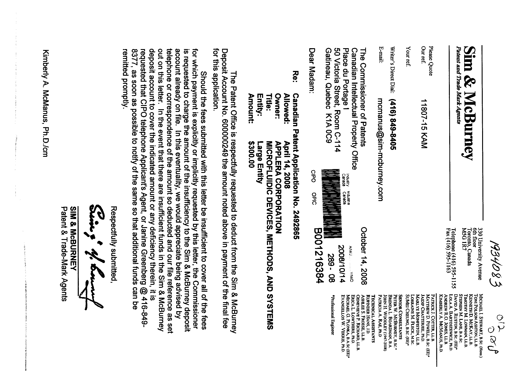 Canadian Patent Document 2492865. Correspondence 20081014. Image 1 of 1