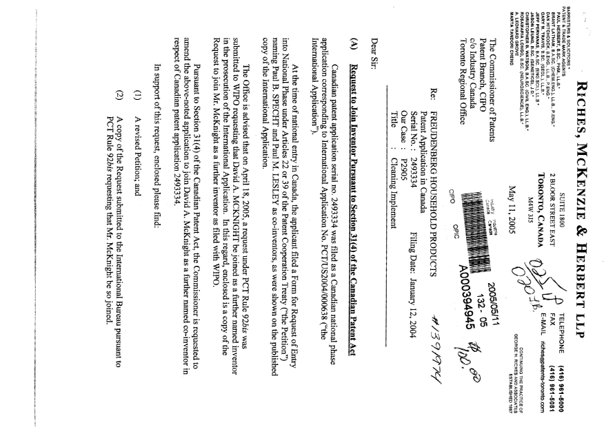 Document de brevet canadien 2493334. Correspondance 20050511. Image 1 de 5