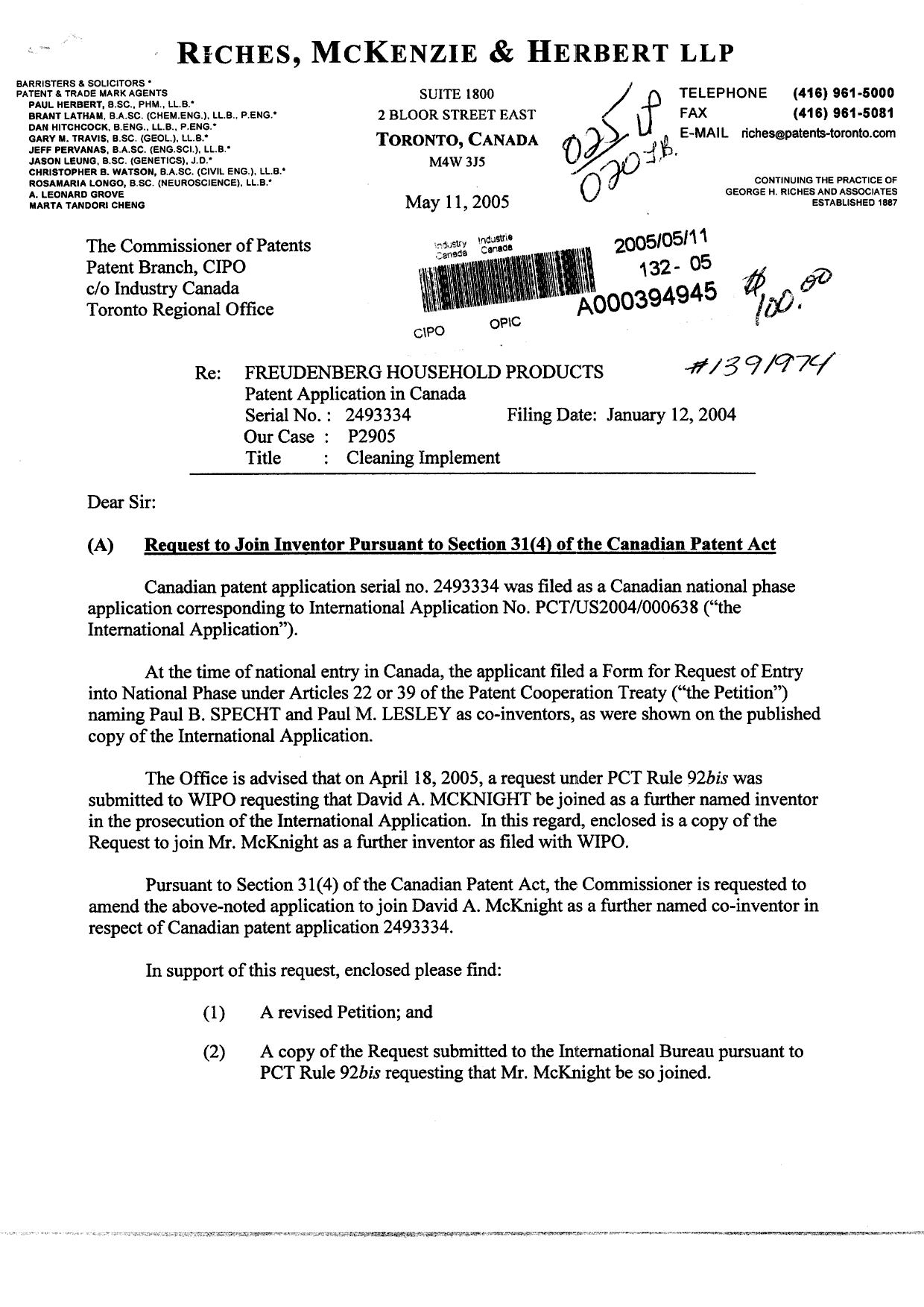 Document de brevet canadien 2493334. Cession 20050511. Image 1 de 5