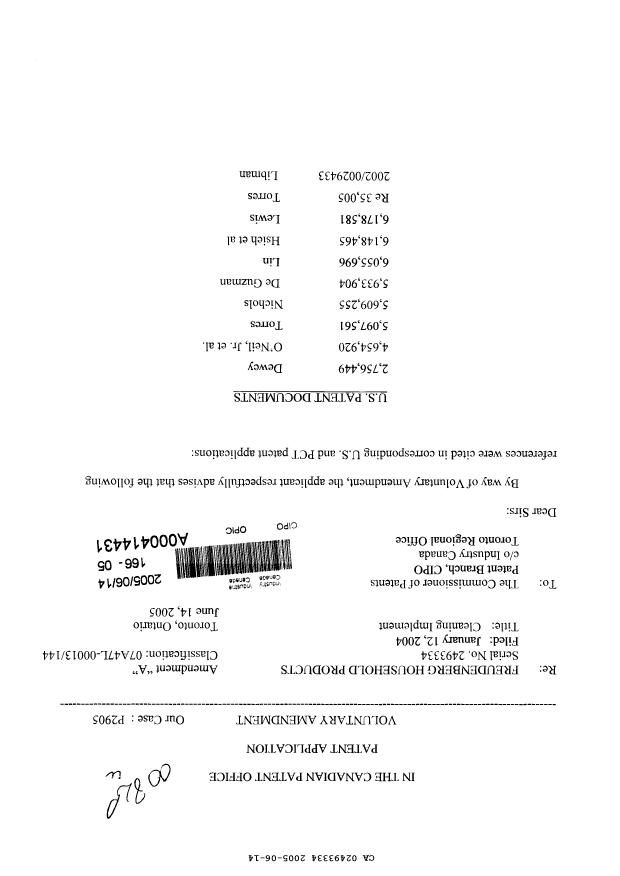 Document de brevet canadien 2493334. Poursuite-Amendment 20050614. Image 1 de 2