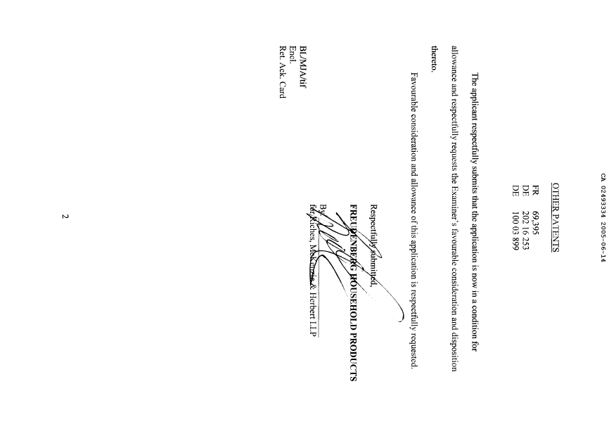 Document de brevet canadien 2493334. Poursuite-Amendment 20050614. Image 2 de 2