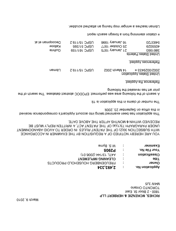 Canadian Patent Document 2493334. Prosecution-Amendment 20100309. Image 1 of 5