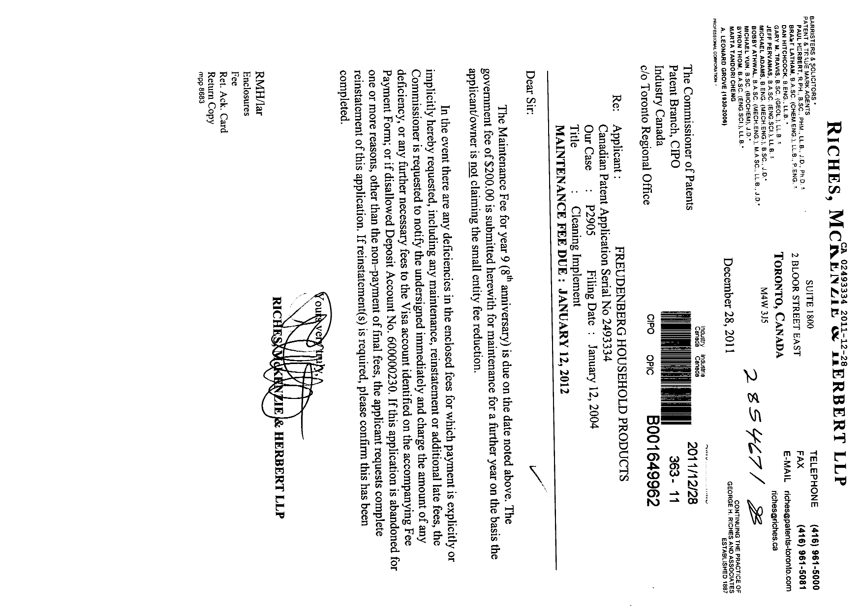 Canadian Patent Document 2493334. Fees 20111228. Image 1 of 1