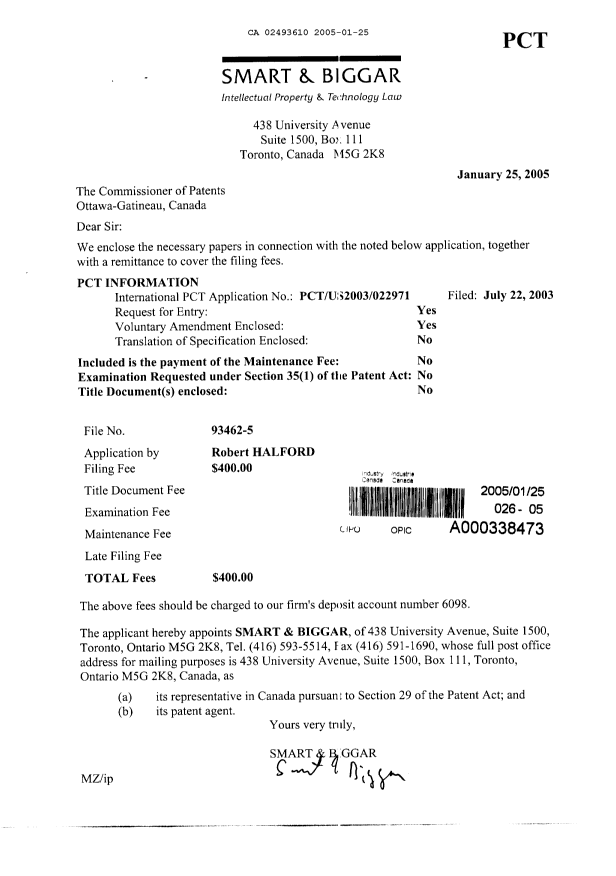 Document de brevet canadien 2493610. Cession 20050125. Image 1 de 2