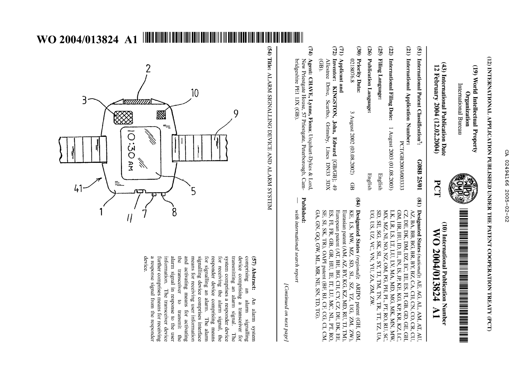 Document de brevet canadien 2494166. Abrégé 20041202. Image 1 de 2