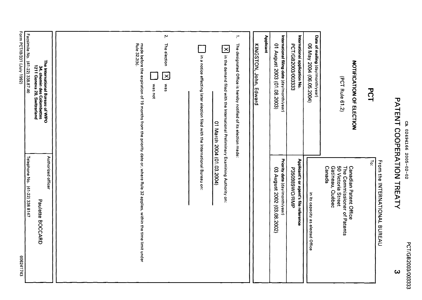 Document de brevet canadien 2494166. PCT 20041202. Image 1 de 17