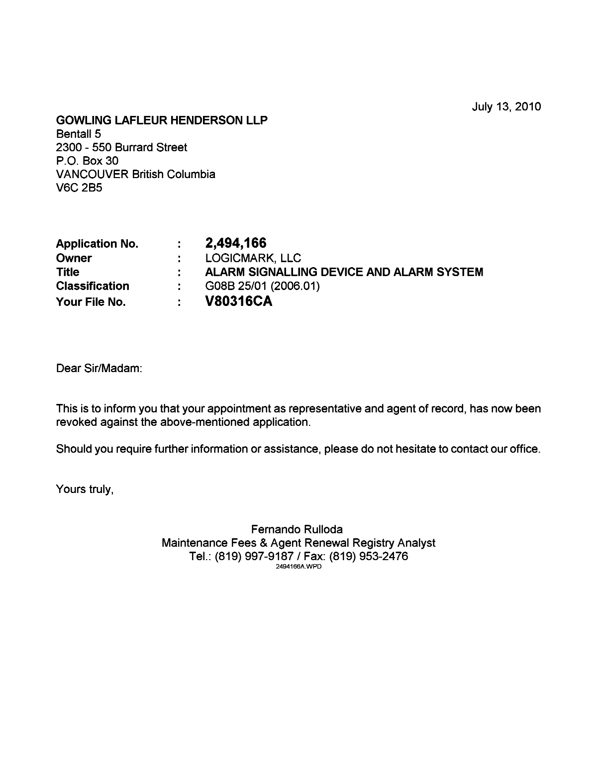 Document de brevet canadien 2494166. Correspondance 20091213. Image 1 de 1