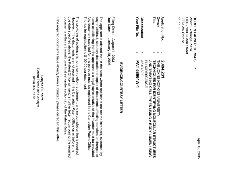 Document de brevet canadien 2494231. Correspondance 20050405. Image 1 de 1
