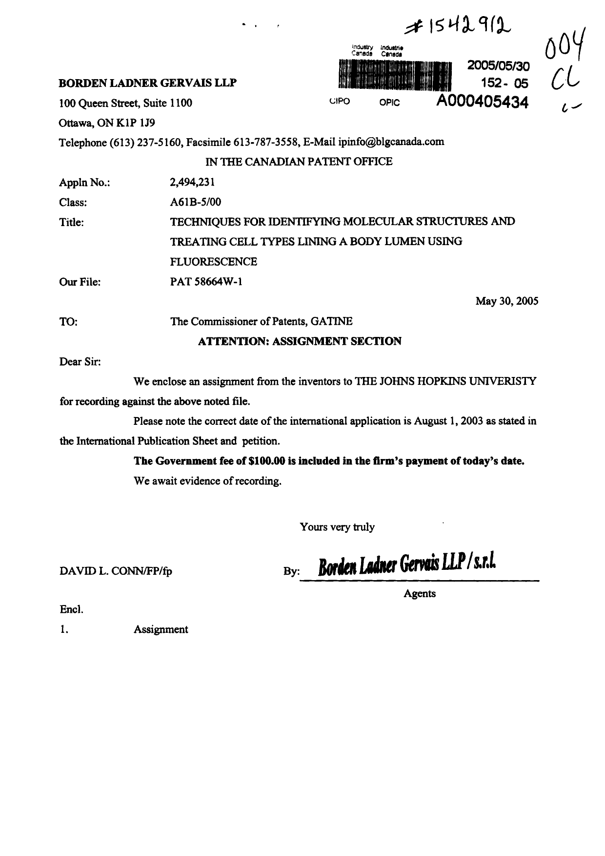 Document de brevet canadien 2494231. Cession 20050530. Image 1 de 3