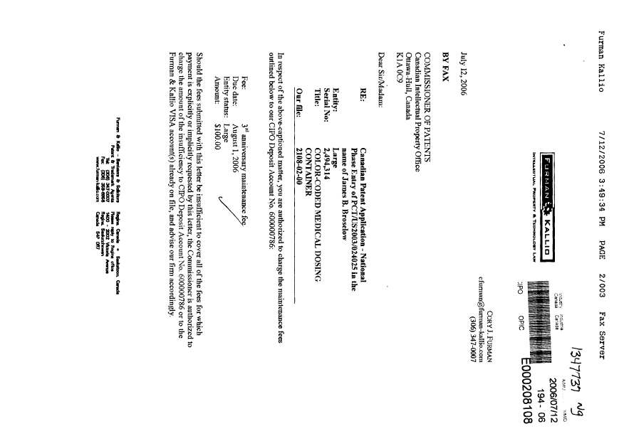 Canadian Patent Document 2494314. Fees 20060712. Image 1 of 3