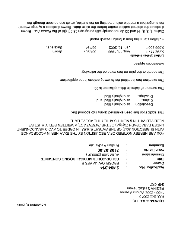 Canadian Patent Document 2494314. Prosecution-Amendment 20061108. Image 1 of 2