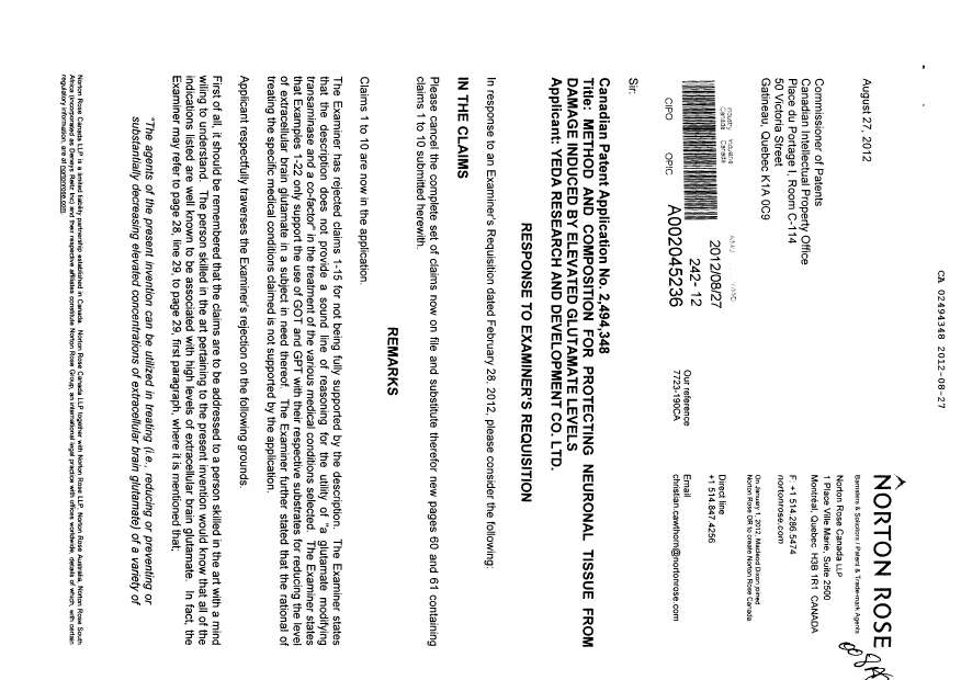 Document de brevet canadien 2494348. Poursuite-Amendment 20120827. Image 1 de 5