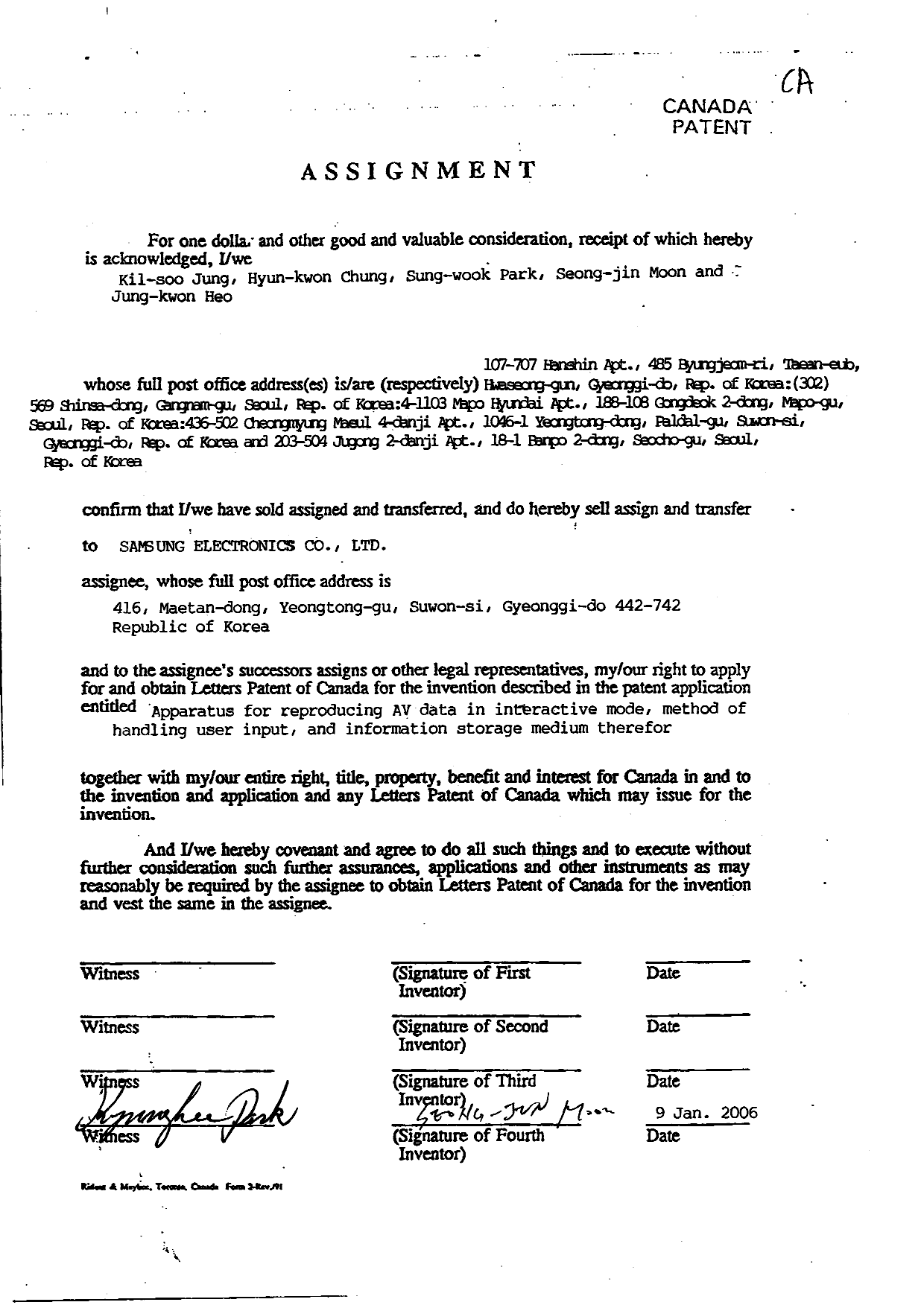 Canadian Patent Document 2494560. Assignment 20060112. Image 3 of 3