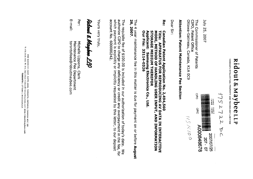 Document de brevet canadien 2494560. Taxes 20070725. Image 1 de 1