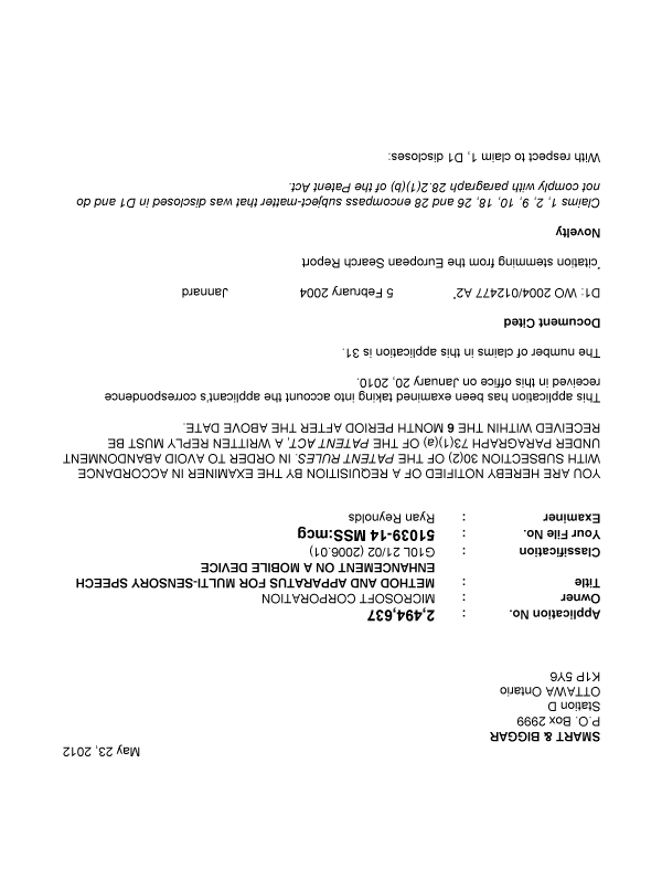 Canadian Patent Document 2494637. Prosecution-Amendment 20120523. Image 1 of 3
