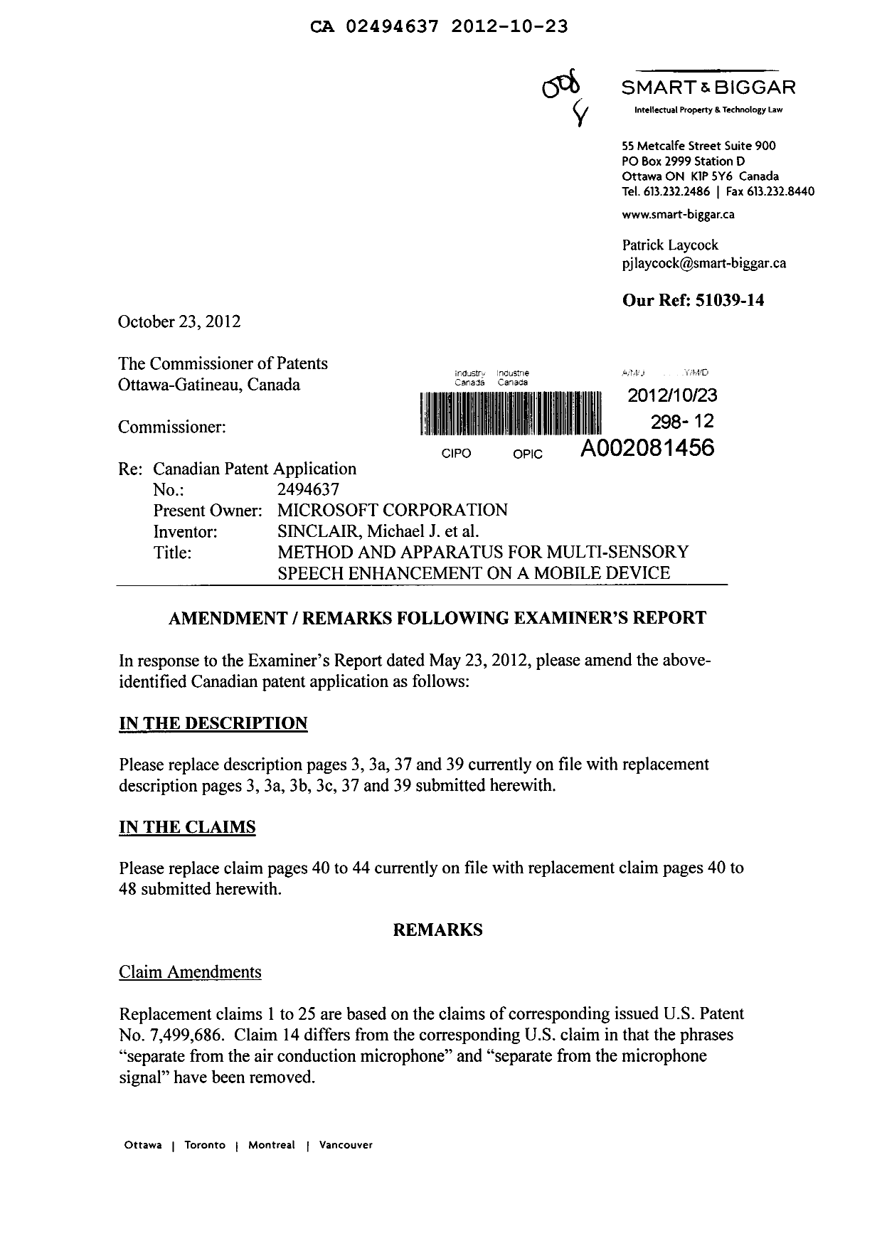 Document de brevet canadien 2494637. Poursuite-Amendment 20121023. Image 1 de 21