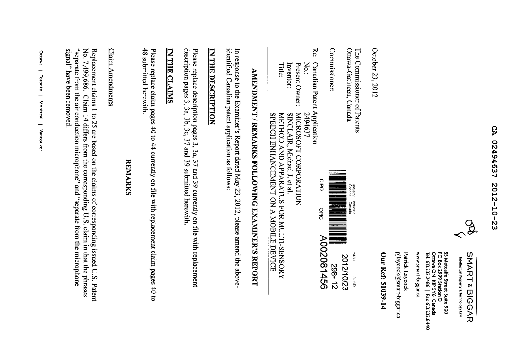 Canadian Patent Document 2494637. Prosecution-Amendment 20121023. Image 1 of 21