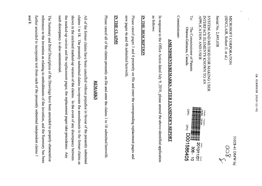 Canadian Patent Document 2495038. Prosecution-Amendment 20101101. Image 1 of 18