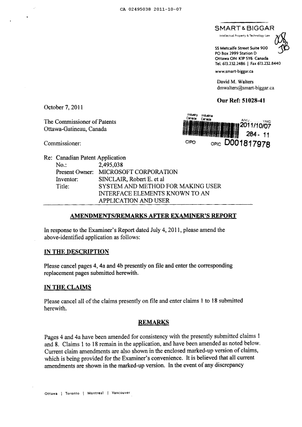 Document de brevet canadien 2495038. Poursuite-Amendment 20111007. Image 1 de 14