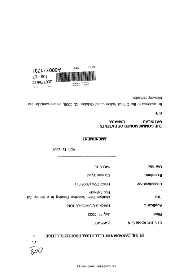 Canadian Patent Document 2495490. Prosecution-Amendment 20070412. Image 1 of 4