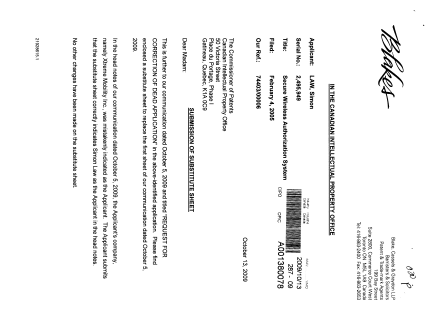 Document de brevet canadien 2495949. Correspondance 20091013. Image 1 de 3
