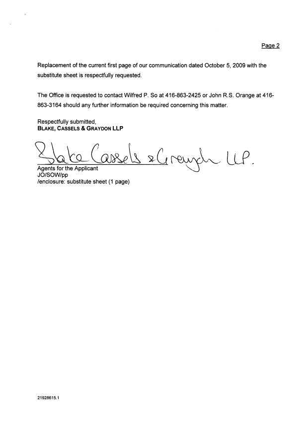 Document de brevet canadien 2495949. Correspondance 20091013. Image 2 de 3