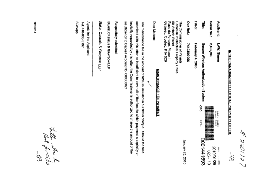 Document de brevet canadien 2495949. Taxes 20100125. Image 1 de 1