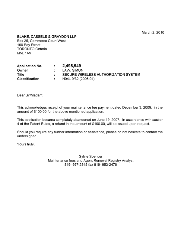Canadian Patent Document 2495949. Correspondence 20100302. Image 1 of 1