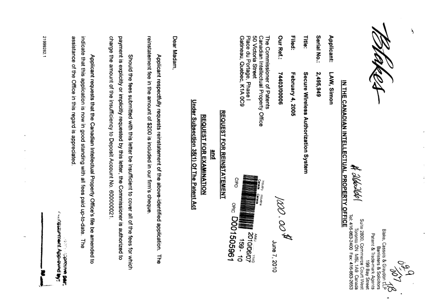 Canadian Patent Document 2495949. Correspondence 20100607. Image 2 of 3