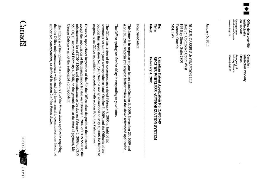 Document de brevet canadien 2495949. Correspondance 20110106. Image 1 de 3