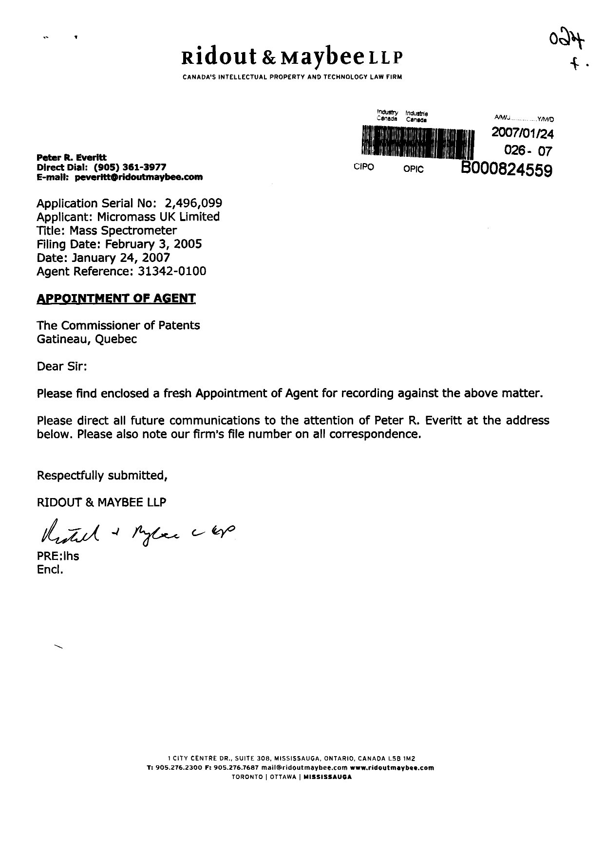 Document de brevet canadien 2496099. Correspondance 20070124. Image 1 de 3