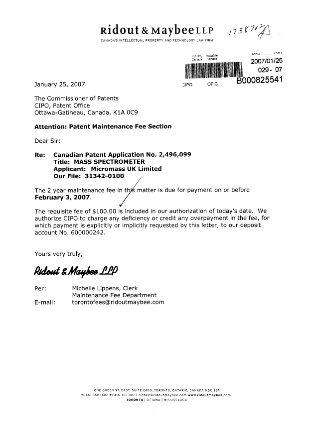 Canadian Patent Document 2496099. Fees 20070125. Image 1 of 1
