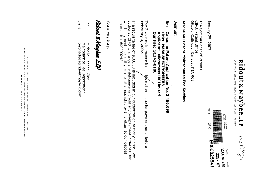 Document de brevet canadien 2496099. Taxes 20070125. Image 1 de 1