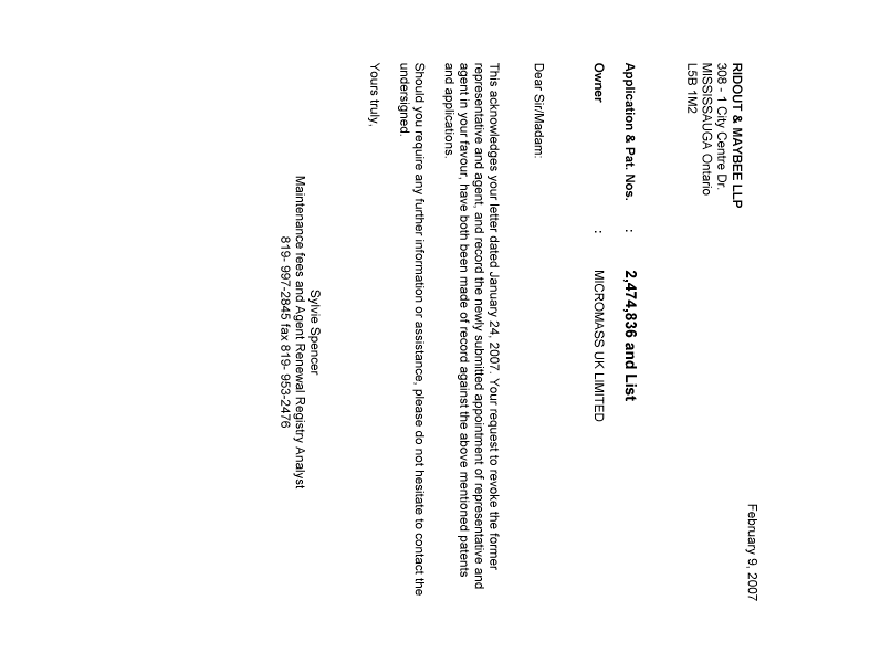 Document de brevet canadien 2496099. Correspondance 20070209. Image 1 de 1