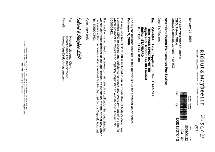 Document de brevet canadien 2496099. Taxes 20090122. Image 1 de 1
