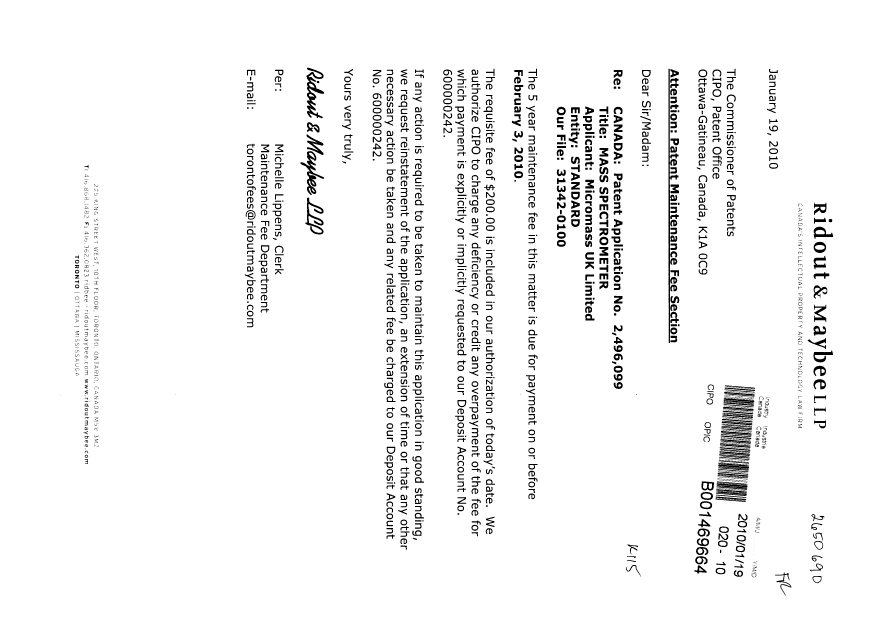 Document de brevet canadien 2496099. Taxes 20100119. Image 1 de 1