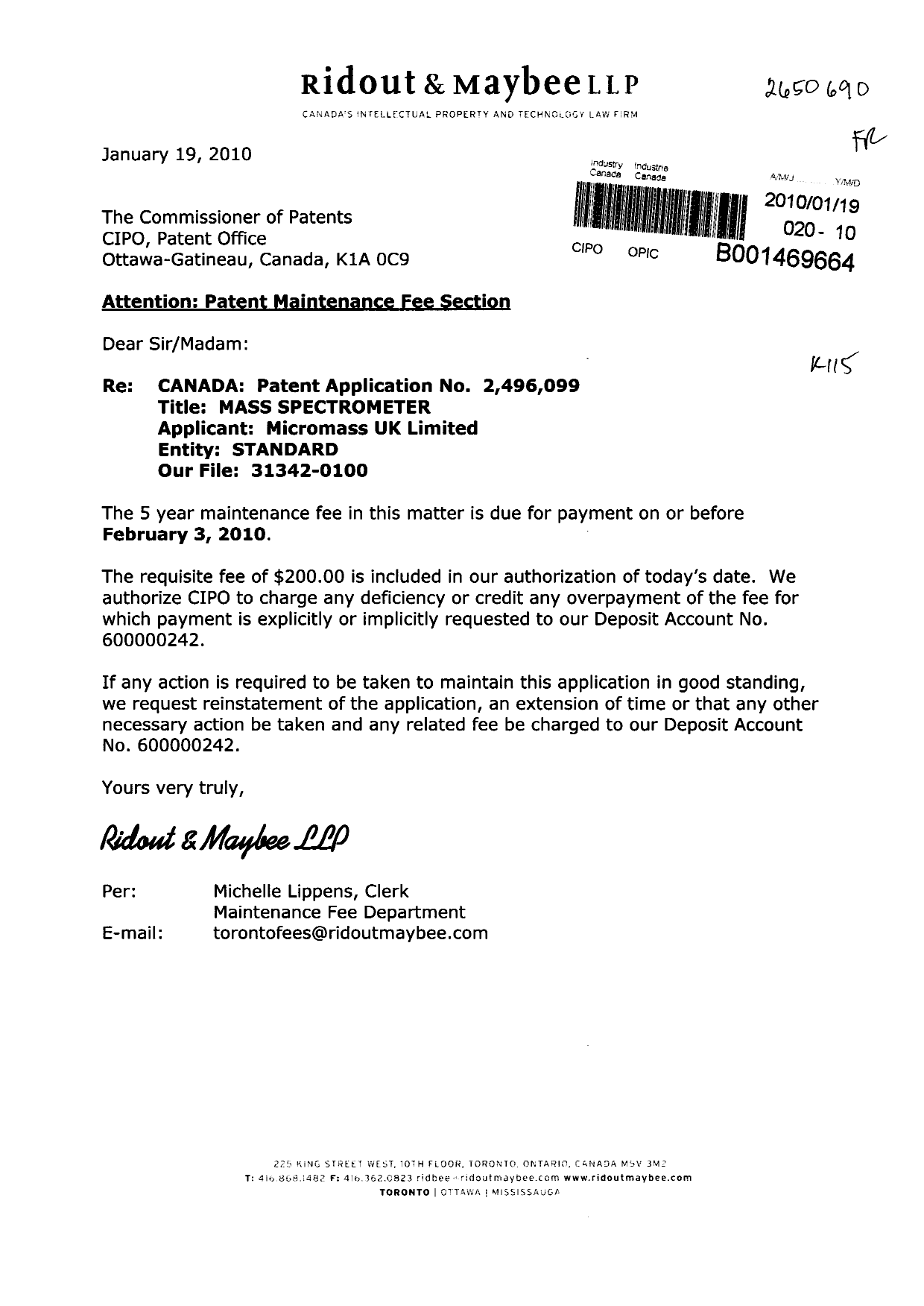 Document de brevet canadien 2496099. Taxes 20100119. Image 1 de 1