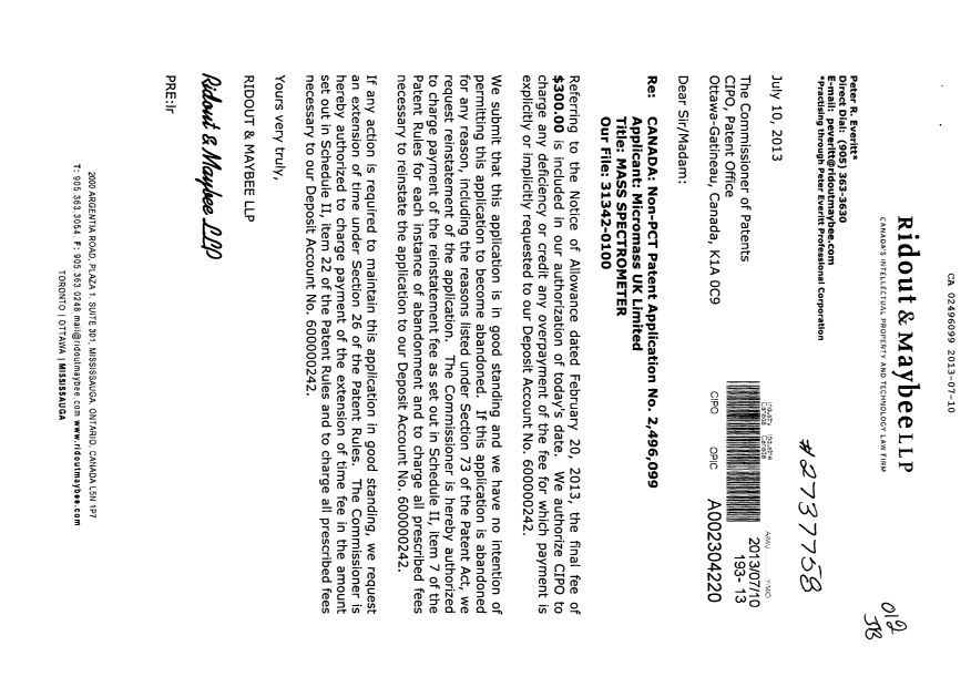 Document de brevet canadien 2496099. Poursuite-Amendment 20130710. Image 1 de 1