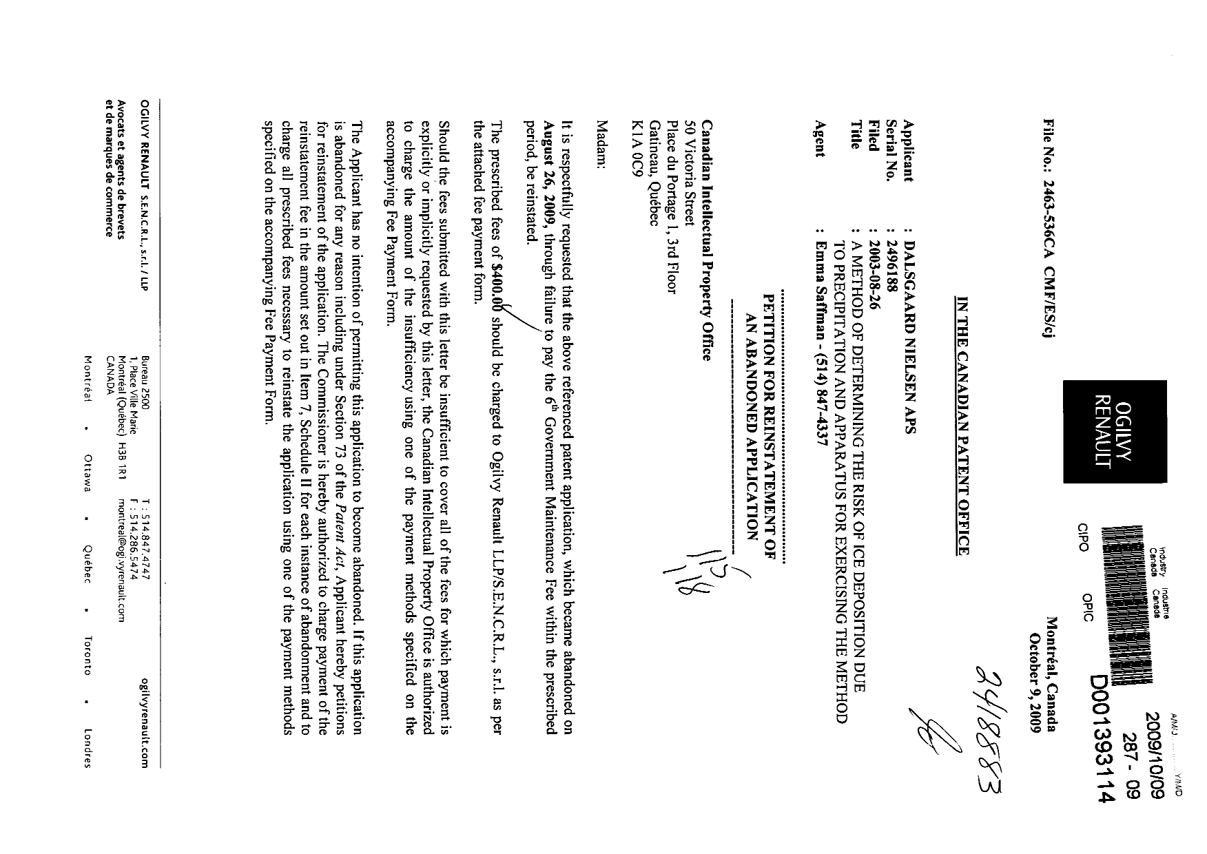 Document de brevet canadien 2496188. Taxes 20091009. Image 1 de 2