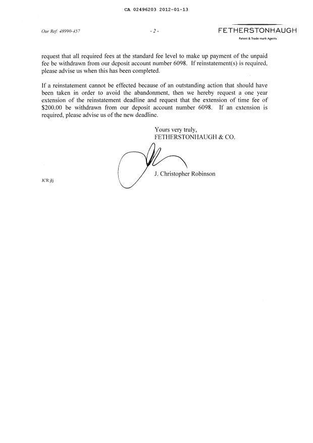 Document de brevet canadien 2496203. Correspondance 20120113. Image 2 de 2