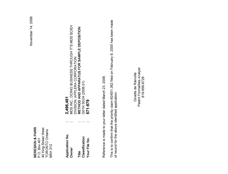 Canadian Patent Document 2496481. Correspondence 20051208. Image 1 of 1
