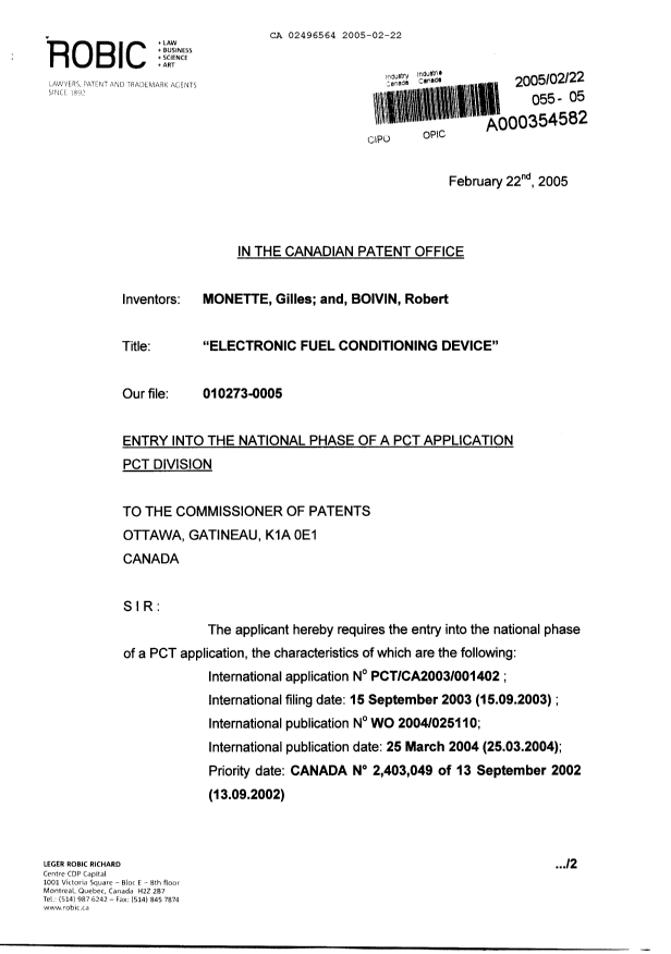 Document de brevet canadien 2496564. Cession 20050222. Image 1 de 10
