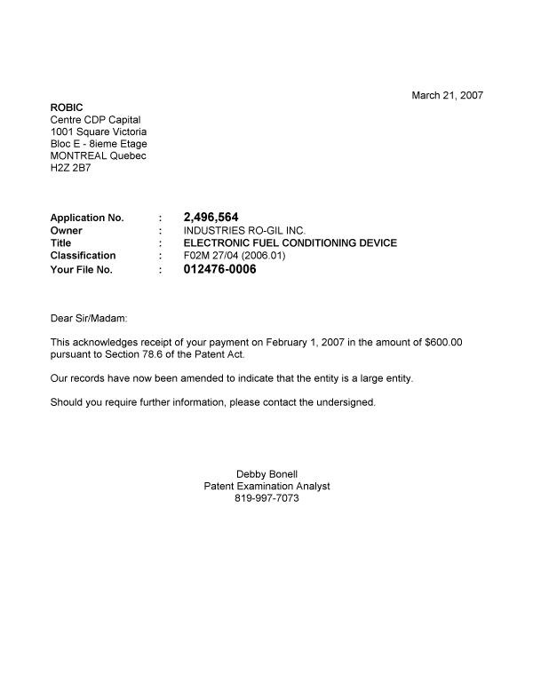 Document de brevet canadien 2496564. Correspondance 20070321. Image 1 de 1
