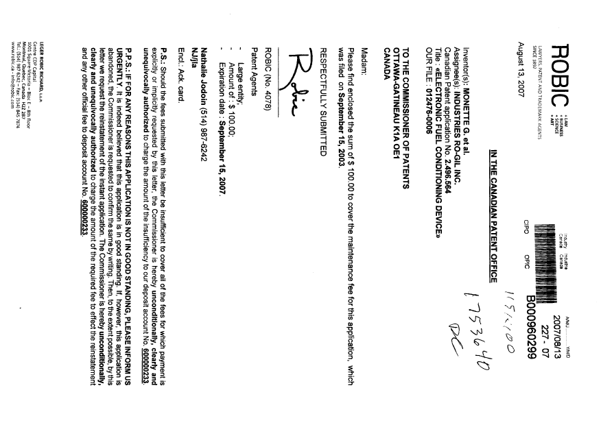 Canadian Patent Document 2496564. Fees 20070813. Image 1 of 1