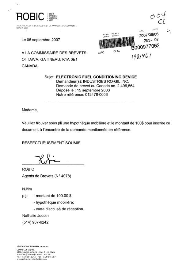 Document de brevet canadien 2496564. Cession 20070906. Image 1 de 4