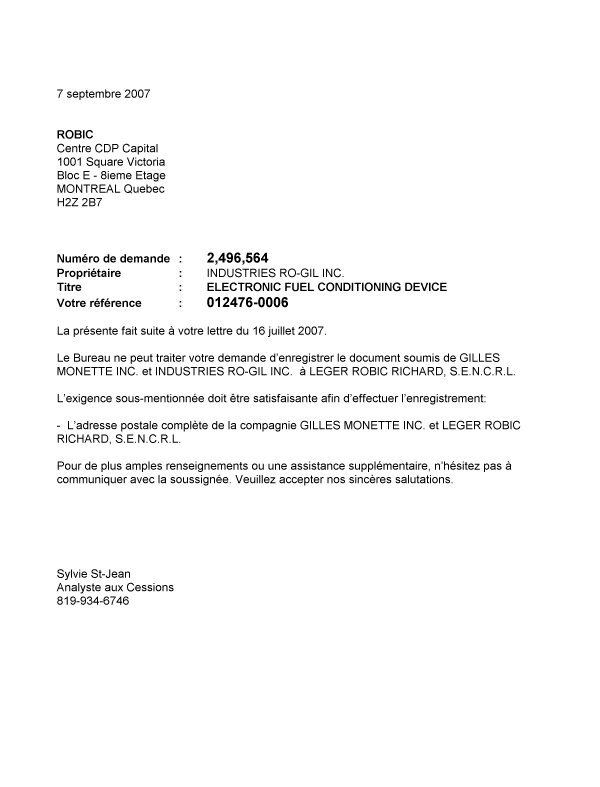 Document de brevet canadien 2496564. Correspondance 20070907. Image 1 de 1