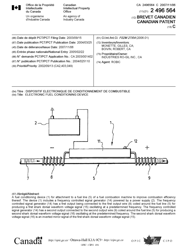 Document de brevet canadien 2496564. Page couverture 20071011. Image 1 de 1