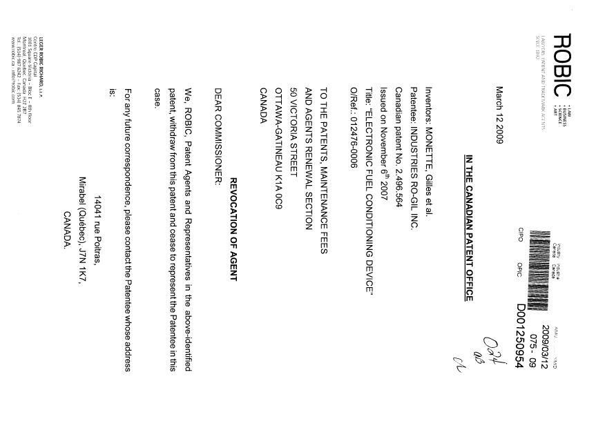 Canadian Patent Document 2496564. Correspondence 20090312. Image 1 of 2