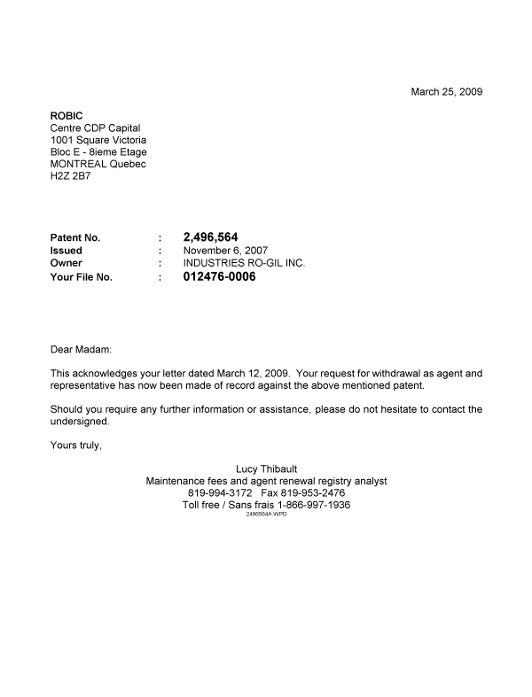 Document de brevet canadien 2496564. Correspondance 20090325. Image 1 de 1